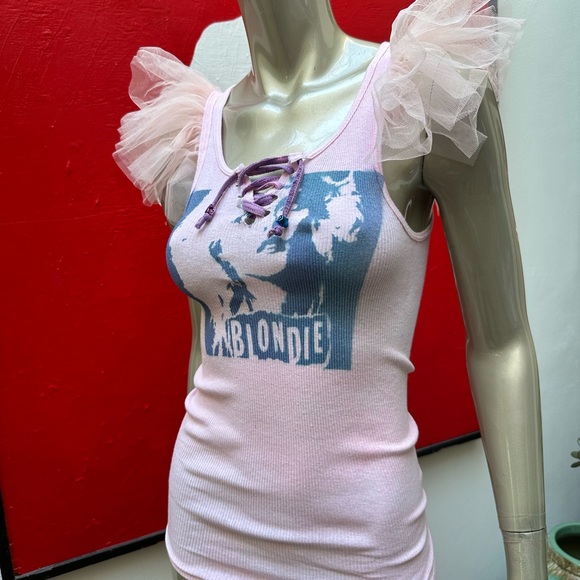 BLONDIE inspired 80s singer distressed rocking ribbed graffiti soft tank top S - Picture 9 of 17